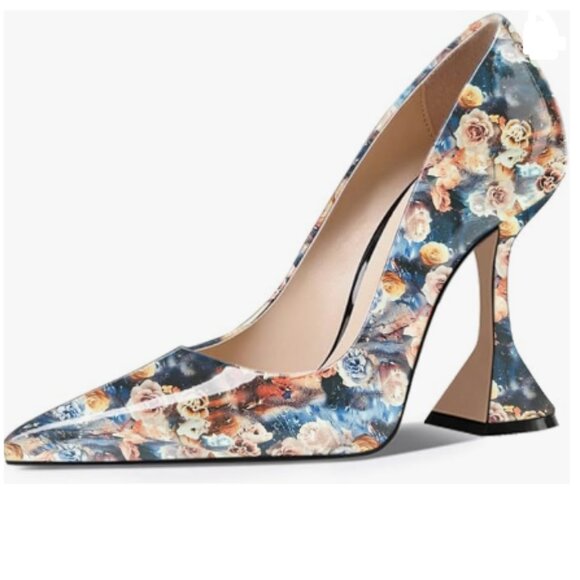 YDN Blue Flower Pointed Toe Slip on Pumps Special High Heel Shoe for Party Lady - Picture 1 of 9